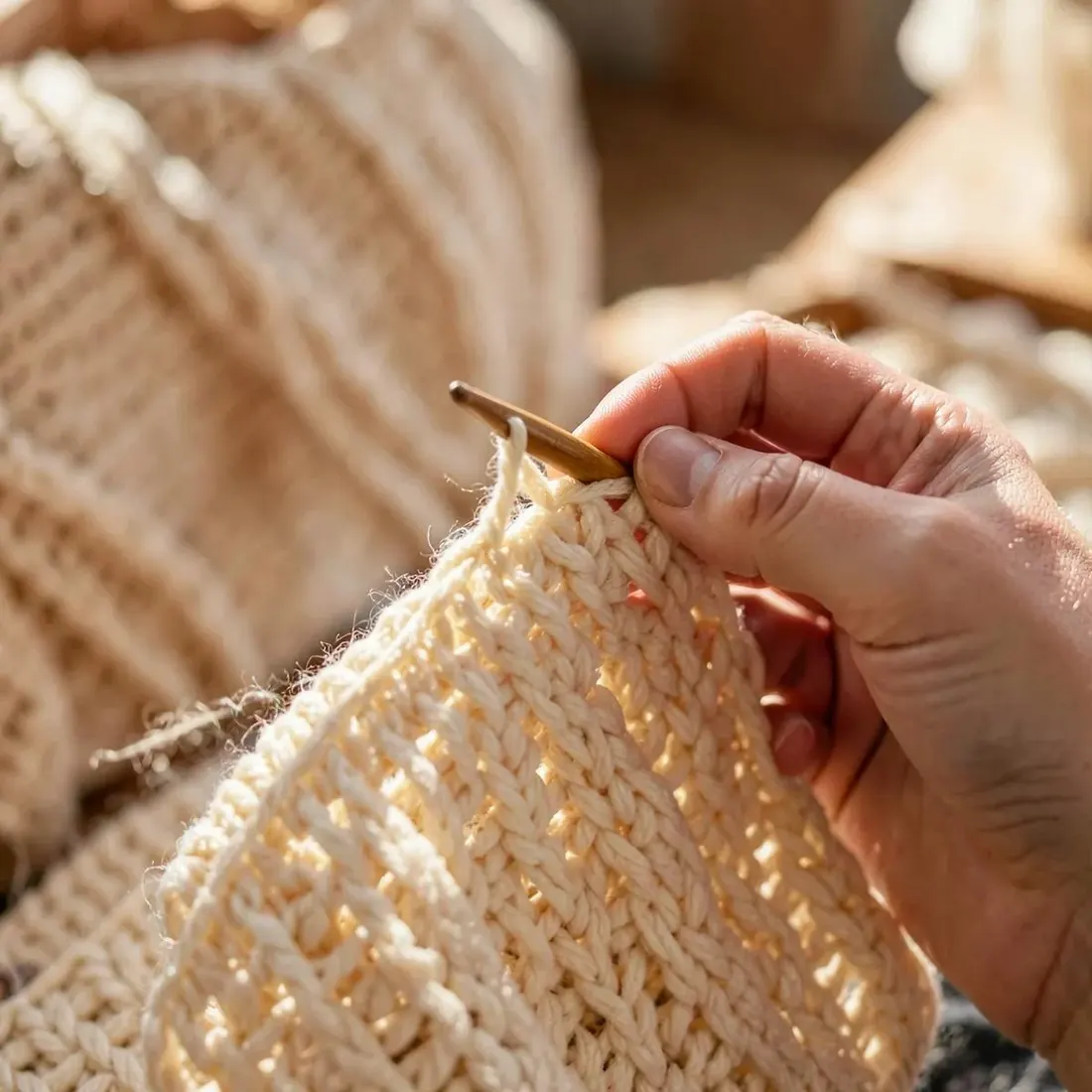 Manos tejiendo a crochet con hilo color crema y aguja de madera